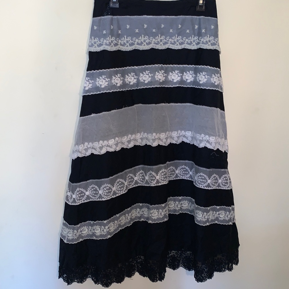 BIYA JOHNNY WAS Bohemian Black Long Skirt Mixed Lace Lagenlook Fairycore Luxury